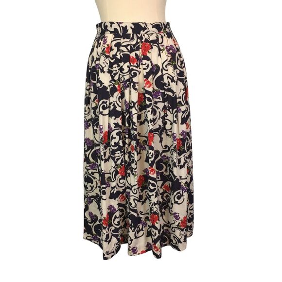 Herman Geist Vintage Womens Blue White Floral Pleated Tea‎ Length Skirt, Medium - Picture 1 of 10